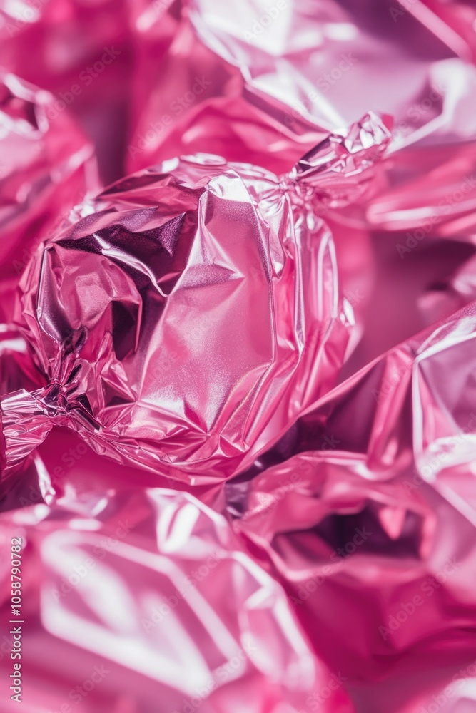 A stack of pink foil-wrapped candies piled high A stack of pink foil-wrapped candies piled high