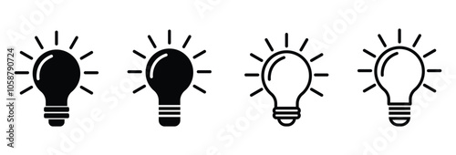 light Bulb icon collection. Set of idea sign icon. Light bulb with rays shine icon set. Electric lamp, light, innovation, solution, creative thinking, electricity symbol illustration.