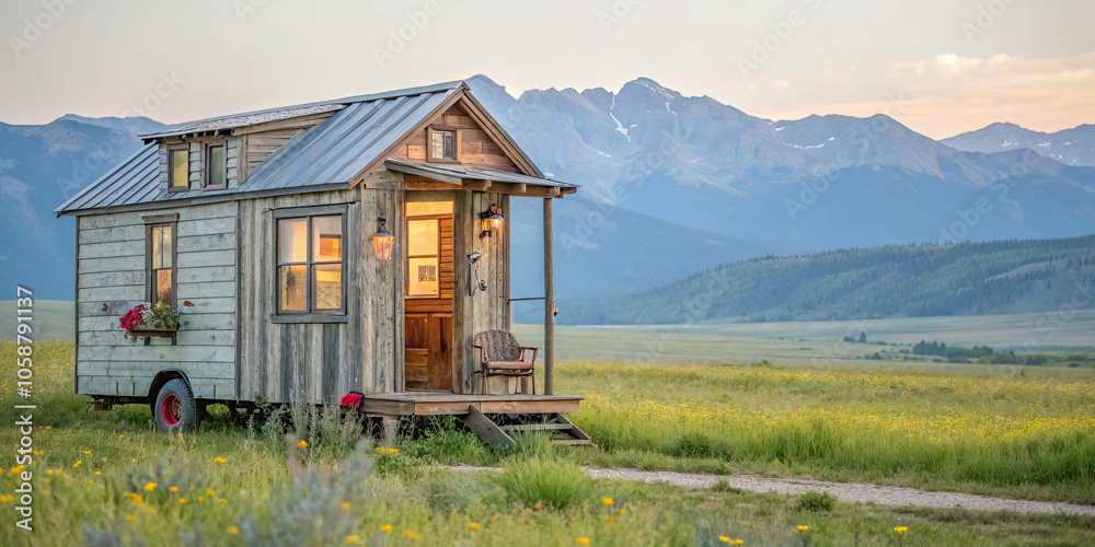 A rustic, wooden cabin on wheels, nestled amidst wildflowers, with a porch and a mountain backdrop, bathed in the golden hues of a setting sun. A rustic, wooden cabin on wheels, nestled amidst wildflowers, with a porch and a mountain backdrop, bathed in the golden hues of a setting sun.