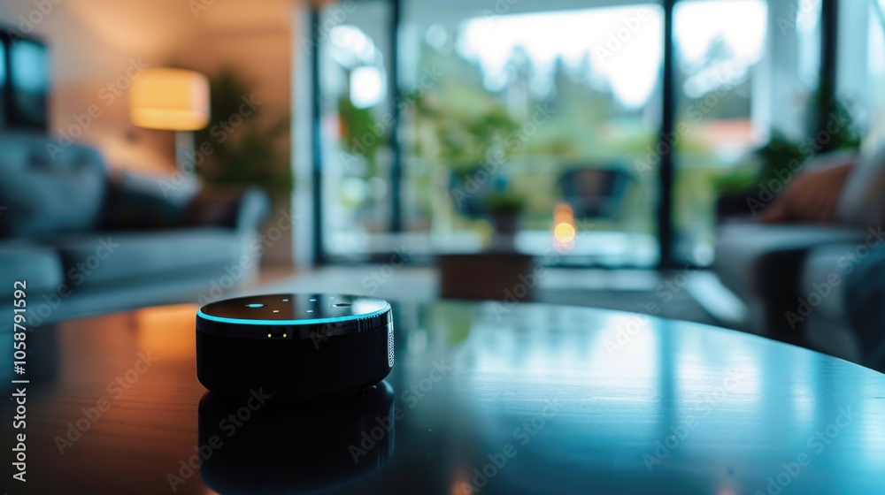 A smart device sits on a living room table, ready to use A smart device sits on a living room table, ready to use