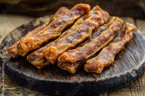 A pile of crispy bacon sits atop a wooden cutting board, ready for use in the kitchen