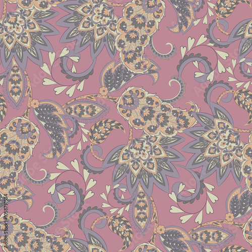 Gorgeous paisley seamless vector pattern with fantastic flowers and leaves. Bohemian textile print inspired by batik. Vintage style