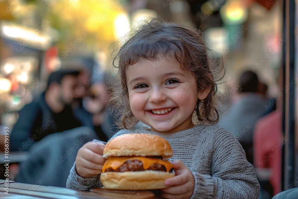 A young girl holds a hamburger in front of her face, a playful and mischievous moment A young girl holds a hamburger in front of her face, a playful and mischievous moment
