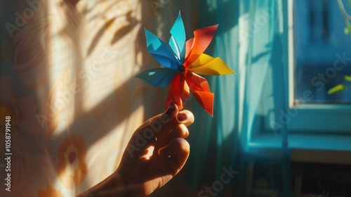 A person holds a colorful pinwheel in front of a window, bringing joy and whimsy to the scene photo