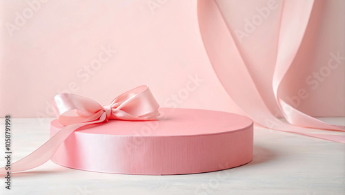 Delicate Pink Bow Adorned Gift Box on a White Surface with a Flowing Pink Ribbon