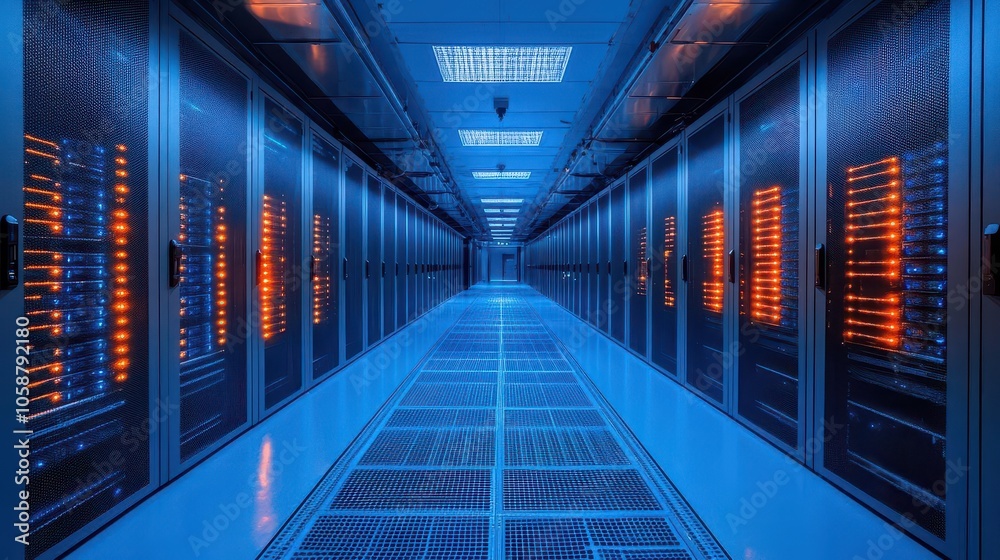 Fototapeta premium information flowing through a data center, illuminated in shades of blue and orange, showcasing racks of high-tech hardware and a futuristic cloud computing environment, emphasizing the digital age
