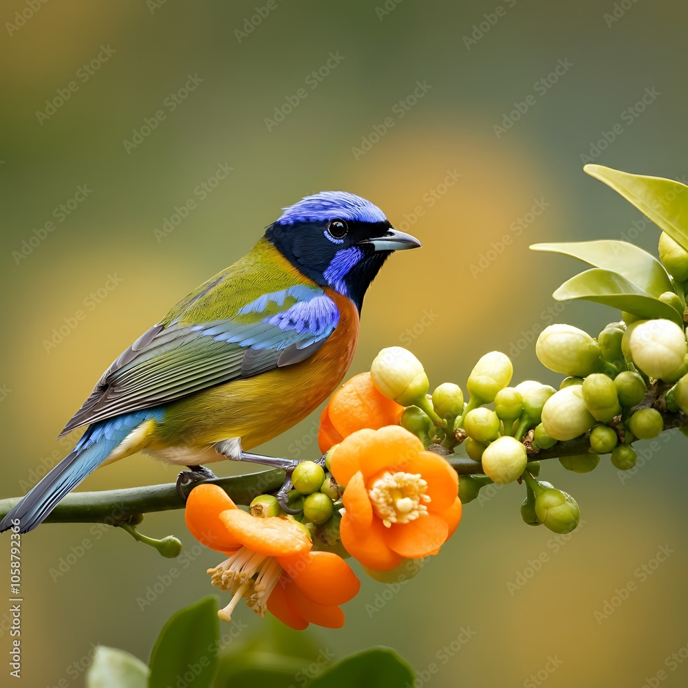 Obraz premium Vibrant bird perched on a flowering branch in soft focus
