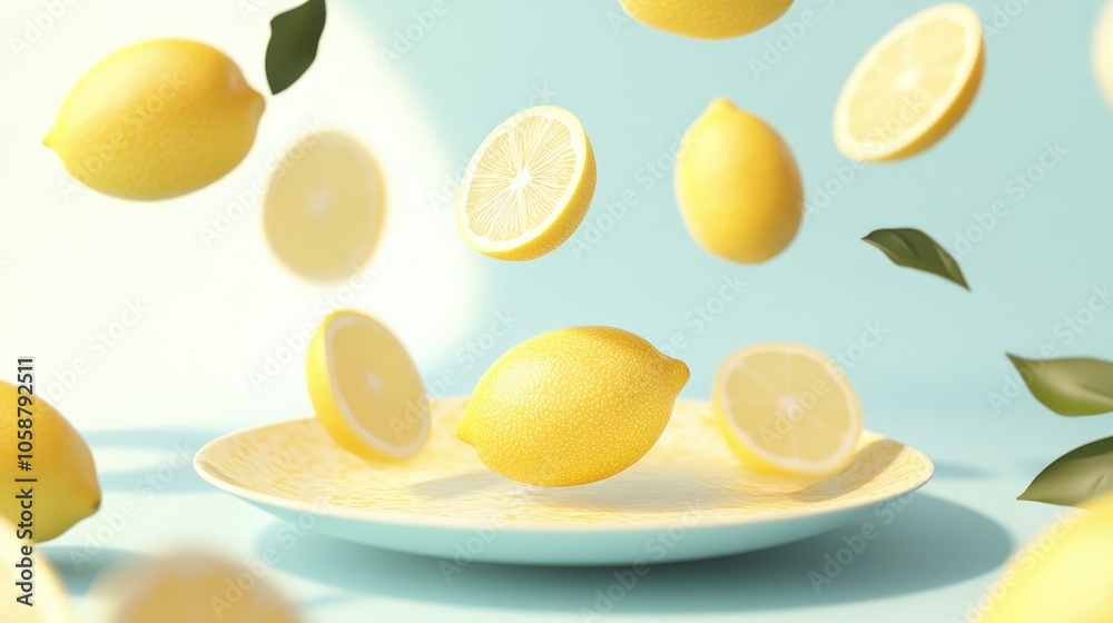 Yellow whole and sliced lemons float above a plate in an isometric view showcasing a minimal still life design with fresh and vibrant color themes Yellow whole and sliced lemons float above a plate in an isometric view showcasing a minimal still life design with fresh and vibrant color themes