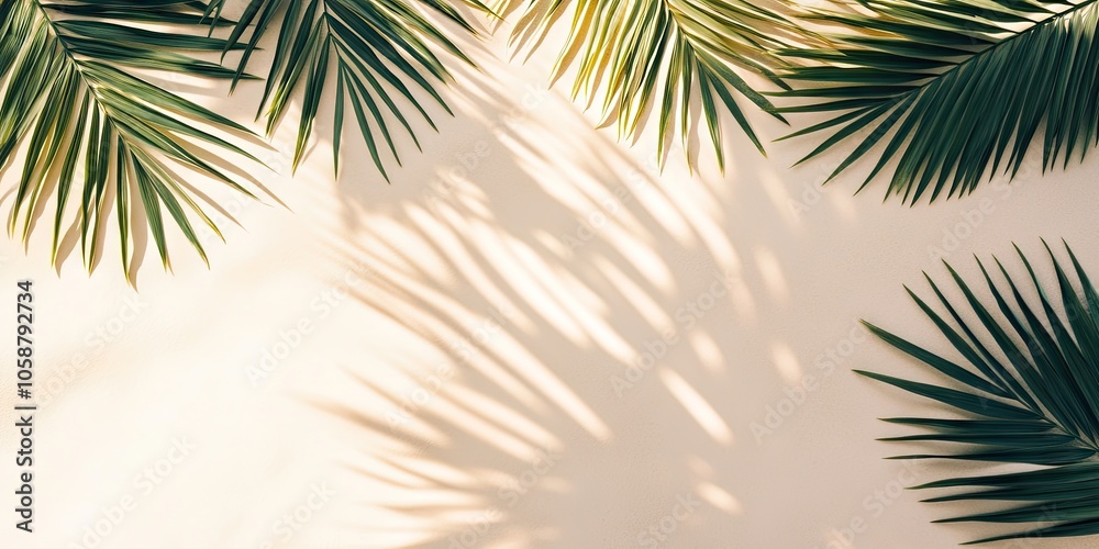 A high quality photo captures the shadow of tropical palm leaves, creating a blurred effect on a sandy background with space for text. It evokes summer vibes from a top perspective. A high quality photo captures the shadow of tropical palm leaves, creating a blurred effect on a sandy background with space for text. It evokes summer vibes from a top perspective.