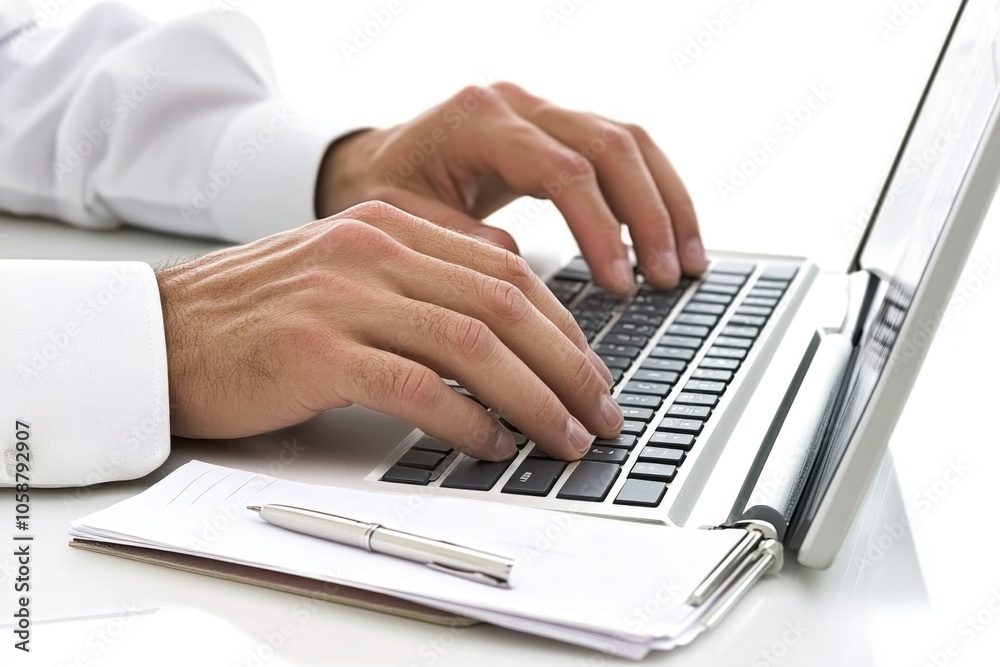 A person working on a laptop computer, ideal for illustrations of productivity, work from home, or digital communication A person working on a laptop computer, ideal for illustrations of productivity, work from home, or digital communication