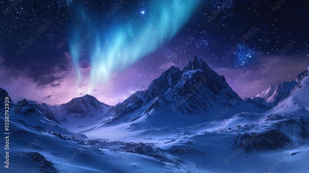 Auroras illuminating snowy mountains creating a stunning winter night scene with ample copy space Auroras illuminating snowy mountains creating a stunning winter night scene with ample copy space
