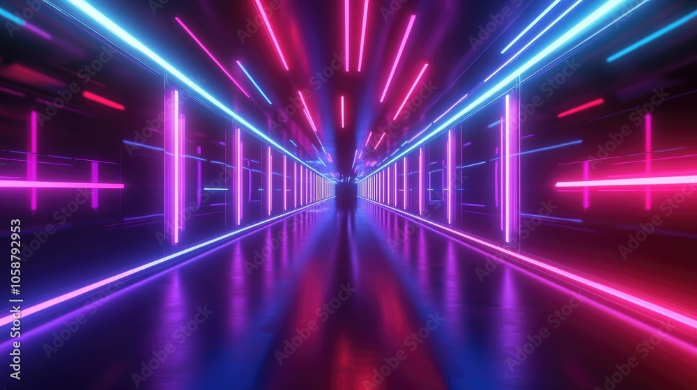 3D render featuring glowing lines and neon lights creating an abstract background of a corridor or tunnel with vibrant ultraviolet colors and a laser show effect