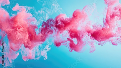 Swirls of pink smoke against a vibrant blue backdrop featuring bold color splashes