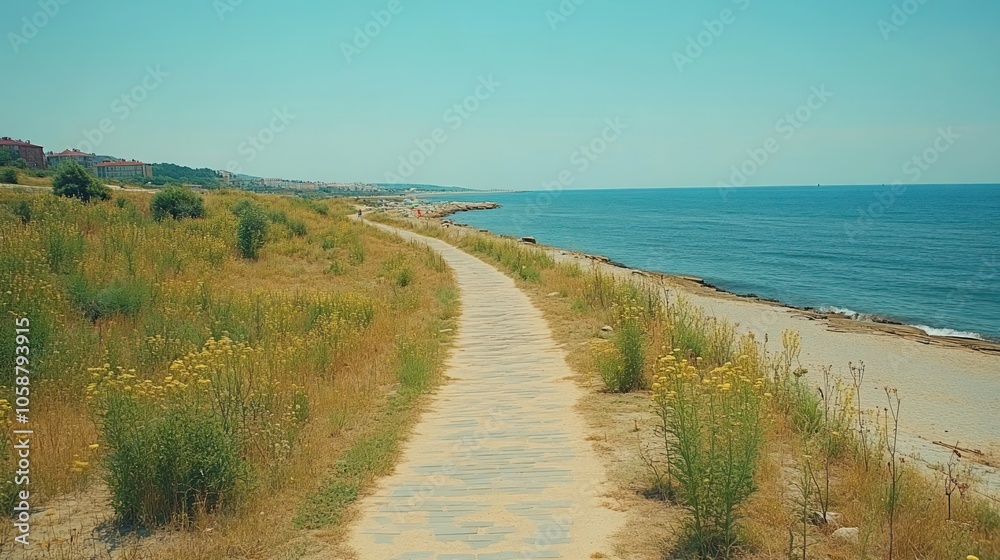 A winding pathway leads to the ocean on a sunny day. A winding pathway leads to the ocean on a sunny day.