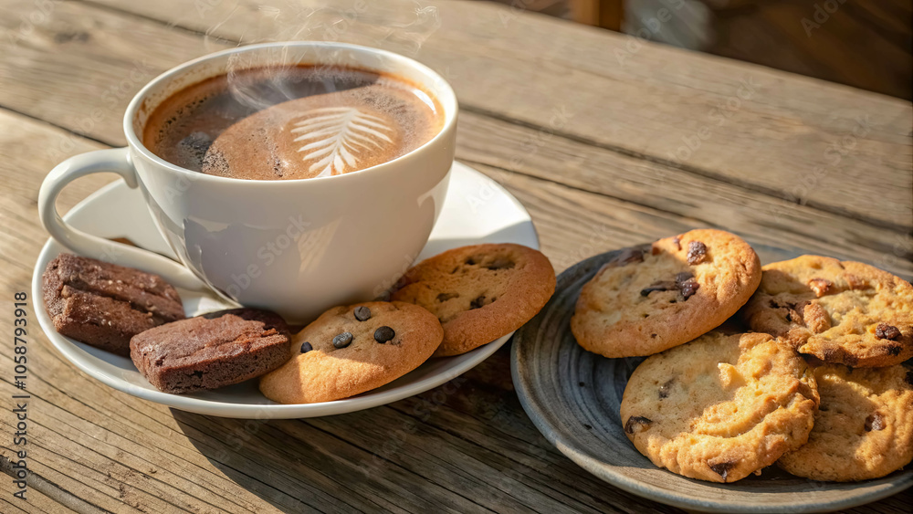 Warm Coffee with Steaming Latte Art and a Plate of Cookies on a Rustic Wooden Table Warm Coffee with Steaming Latte Art and a Plate of Cookies on a Rustic Wooden Table