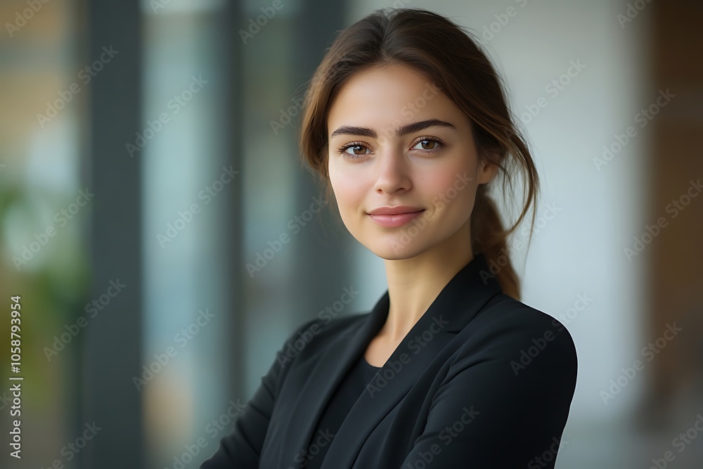 Professional Woman in Black Blazer with Confident Smile in Office Setting.