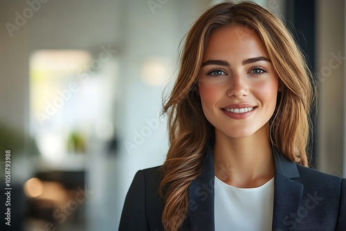 Professional Woman in Black Blazer with Long Brown Hair Smiling in Office