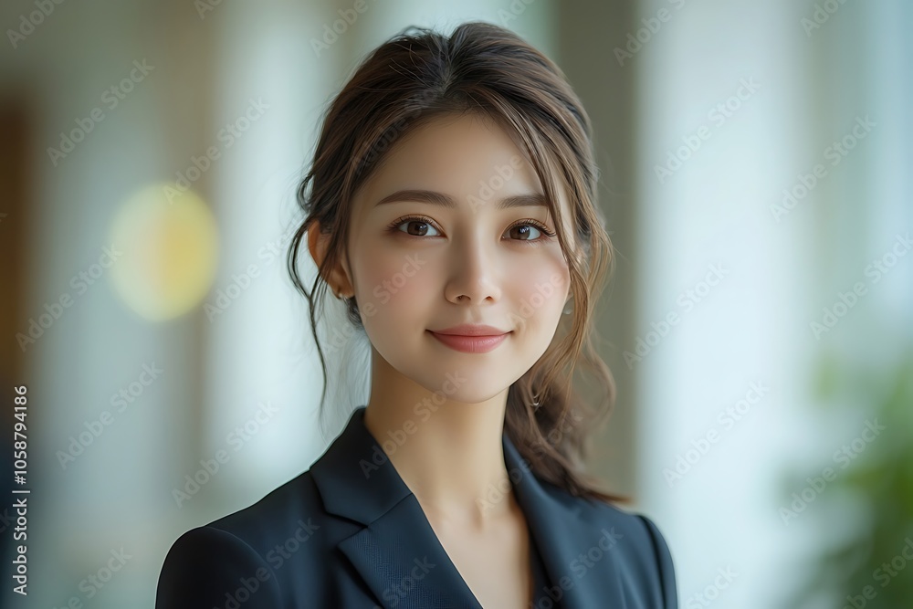 Professional Woman in Black Suit Smiling, Corporate Portrait, Business Background Professional Woman in Black Suit Smiling, Corporate Portrait, Business Background
