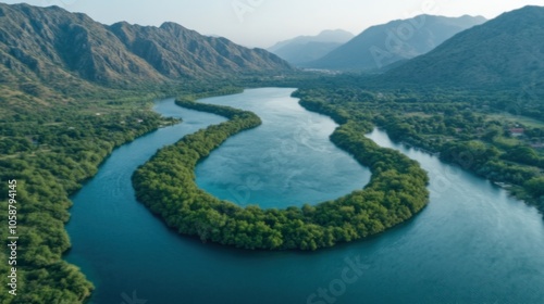 A winding river flows through a lush valley, creating a beautiful S-shaped curve.