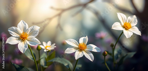 Beautiful white flowers in soft sunlight 