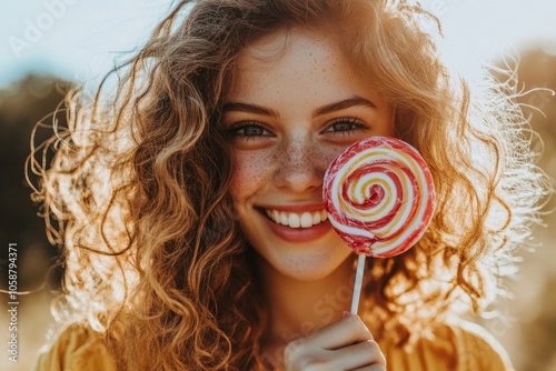 A woman holds a lollipop in front of her face, hiding from view photo