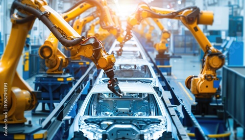 Robotic Arms Assembling a Car Body on a Factory Line