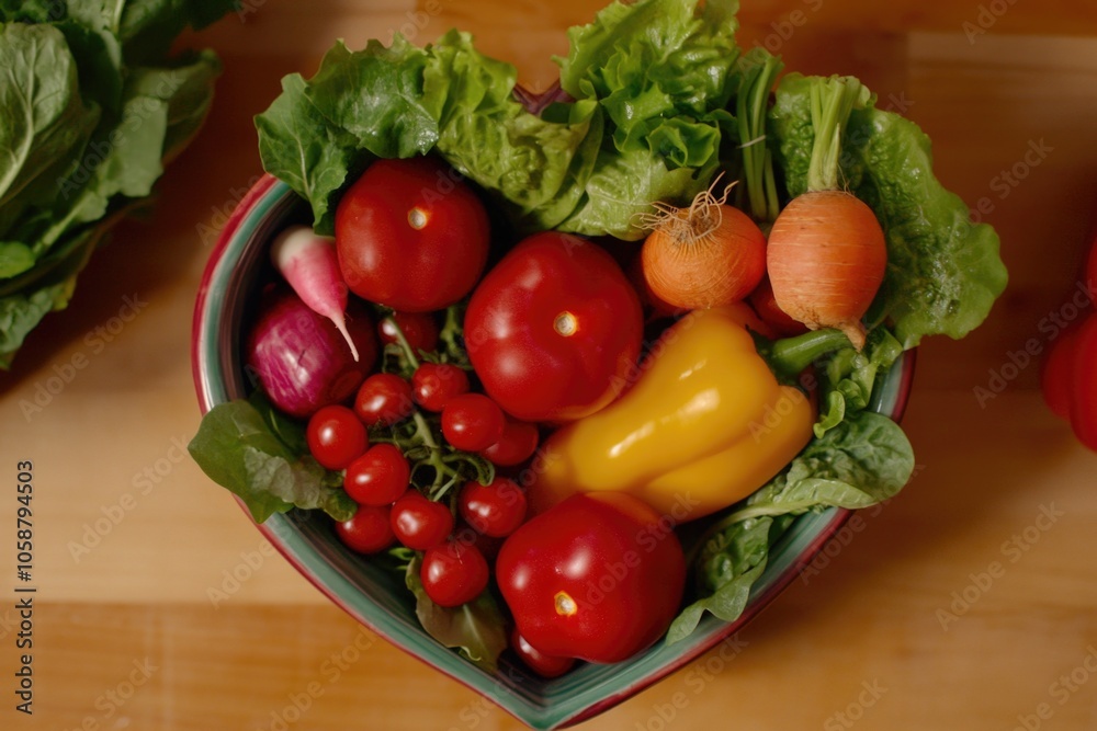 Fresh vegetables arranged in a heart-shaped bowl, ideal for healthy snack or salad presentation Fresh vegetables arranged in a heart-shaped bowl, ideal for healthy snack or salad presentation
