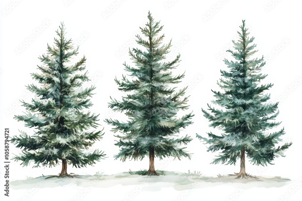 Obraz premium A Majestic Trio: Watercolor Pines Standing Tall Against a Pristine Background Capturing Nature's Elegance and Tranquility