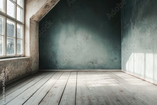 A vacant space with a single window and wooden flooring photo