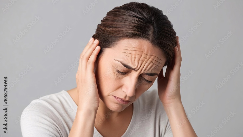 A woman holds her head, expressing discomfort and stress, indicative of a headache or emotional strain. A woman holds her head, expressing discomfort and stress, indicative of a headache or emotional strain.
