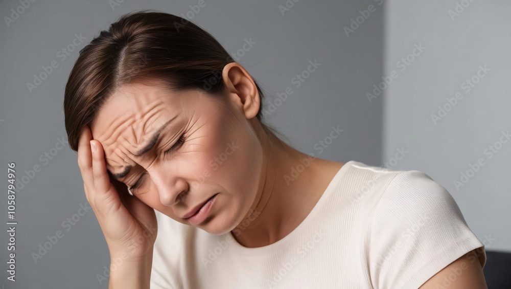 A woman appears distressed, resting her head on her hand with a pained expression, suggesting she is experiencing discomfort or emotional strain. A woman appears distressed, resting her head on her hand with a pained expression, suggesting she is experiencing discomfort or emotional strain.