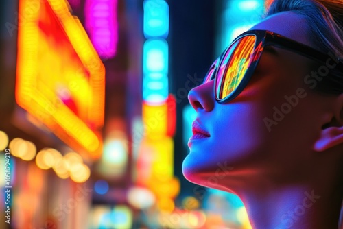 A woman wearing sunglasses walks down the street in a busy city at night