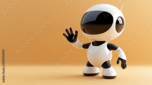 White Robot with Black Eyes and Hands Waving on a Yellow Background