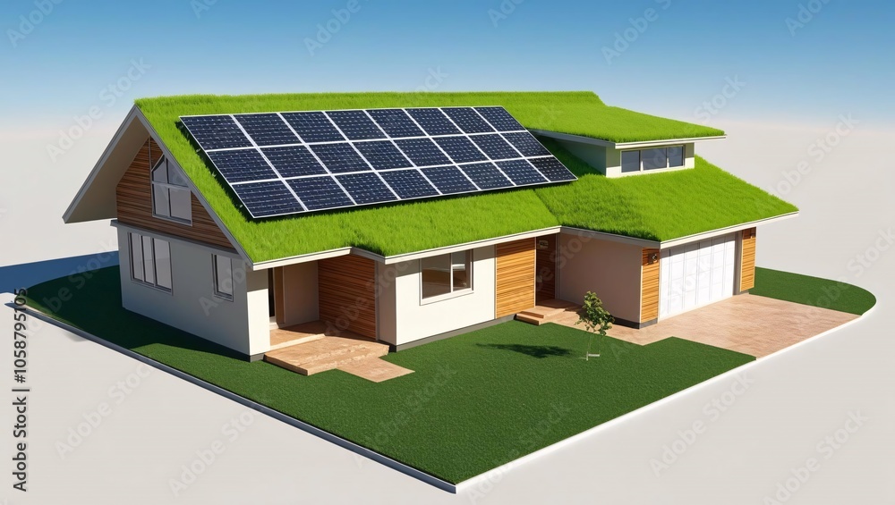 A modern eco-friendly house featuring solar panels on a green, living roof, emphasizing sustainability and energy efficiency. A modern eco-friendly house featuring solar panels on a green, living roof, emphasizing sustainability and energy efficiency.