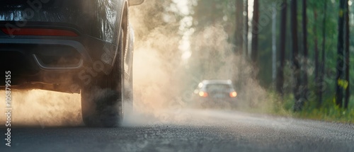  A car drives down a road, kicking up dust from its tires The backdrop is a dense forest