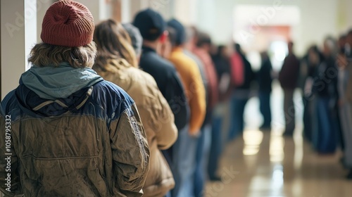 A line of people at a job center, representing the state of unemployment and job-seeking efforts