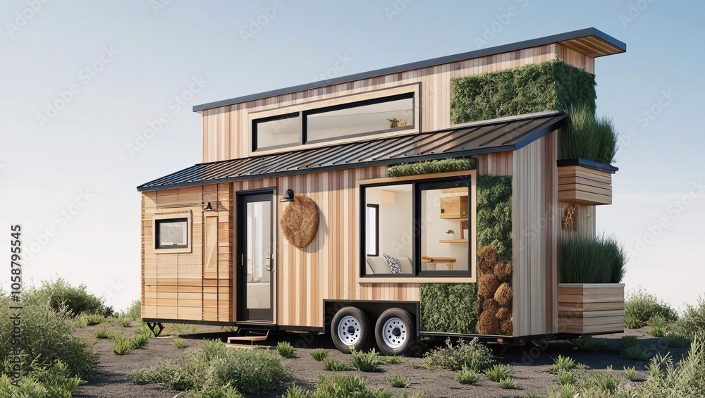 A stylish, eco-friendly tiny house featuring wooden siding, greenery, and modern design, set in a natural outdoor environment. A stylish, eco-friendly tiny house featuring wooden siding, greenery, and modern design, set in a natural outdoor environment.