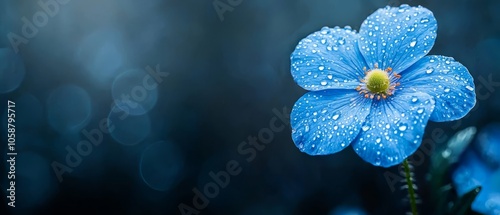  A tight shot of a blue bloom dotted with water beads, backdrop of indistinct blue blossoms softly blurred