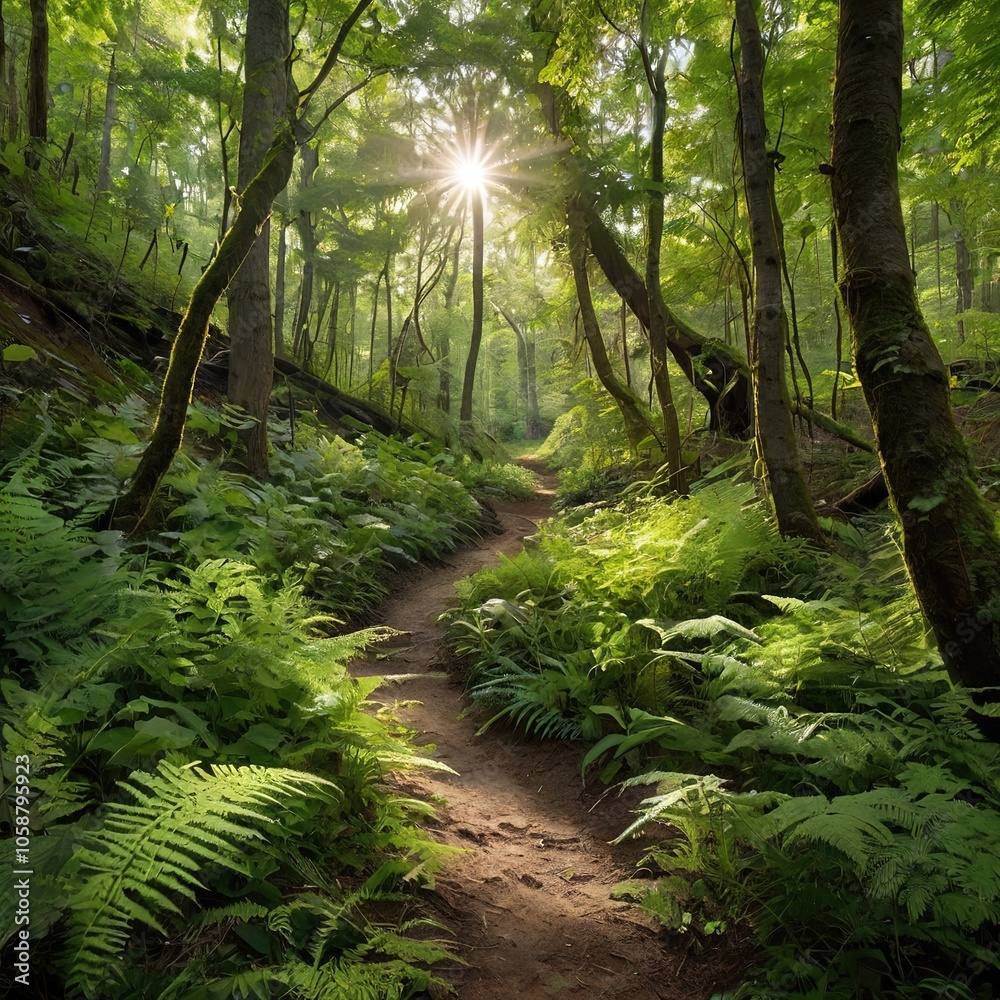 Fototapeta premium Green forest paths winding deep into the quiet, vibrant woods.