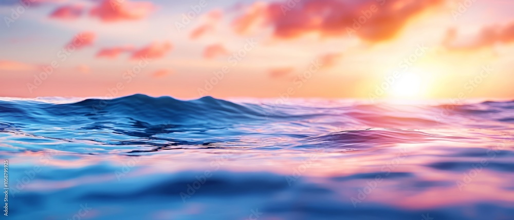 Obraz premium A vast expanse of water under a brilliant sun high in the cloudless sky A scattering of clouds occasionally dots the azure canopy