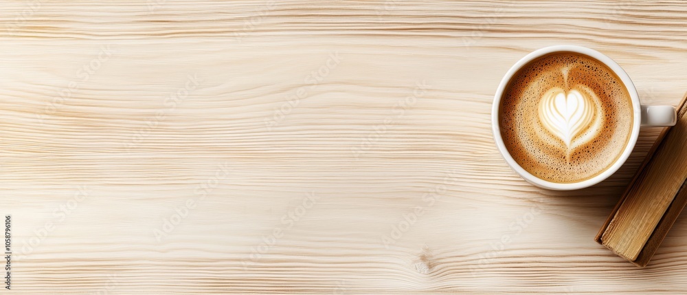  A cappuccino, its foam formed into a heart shape, sits on a weathered wooden table Nearby, a pair of chopsticks rests