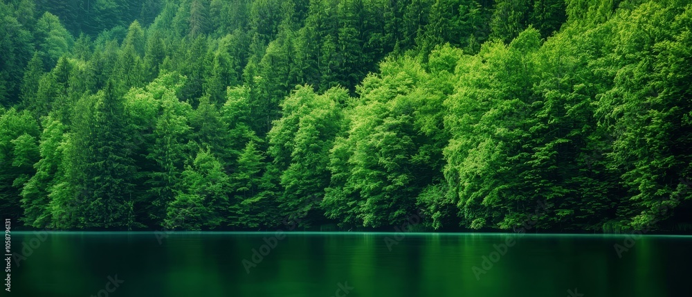 A forest teeming with numerous green trees lines a body of water, where a boat floats serenely atop it A forest teeming with numerous green trees lines a body of water, where a boat floats serenely atop it