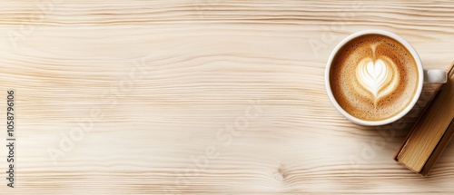  A cappuccino, its foam formed into a heart shape, sits on a weathered wooden table Nearby, a pair of chopsticks rests photo