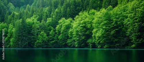  A forest teeming with numerous green trees lines a body of water, where a boat floats serenely atop it