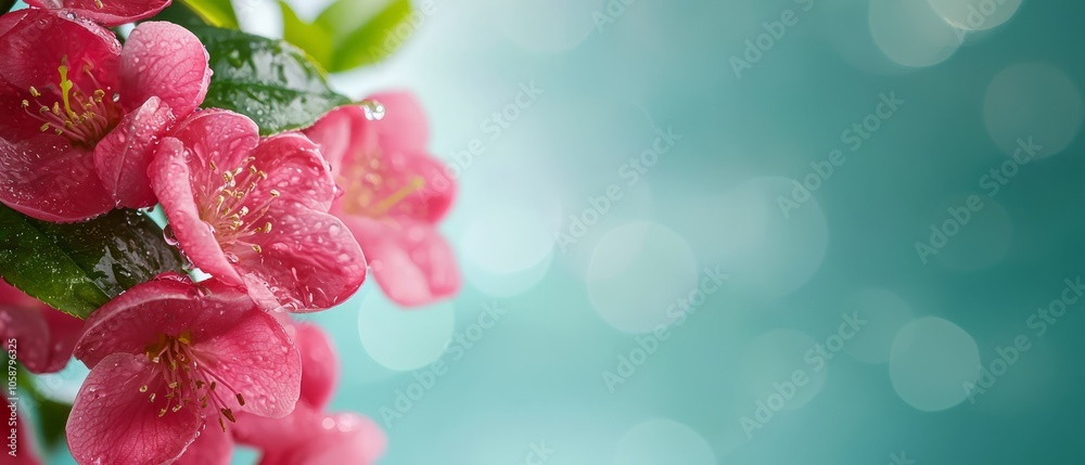 A bunch of pink flowers with green leaves against a backdrop of blue and green blur A bunch of pink flowers with green leaves against a backdrop of blue and green blur