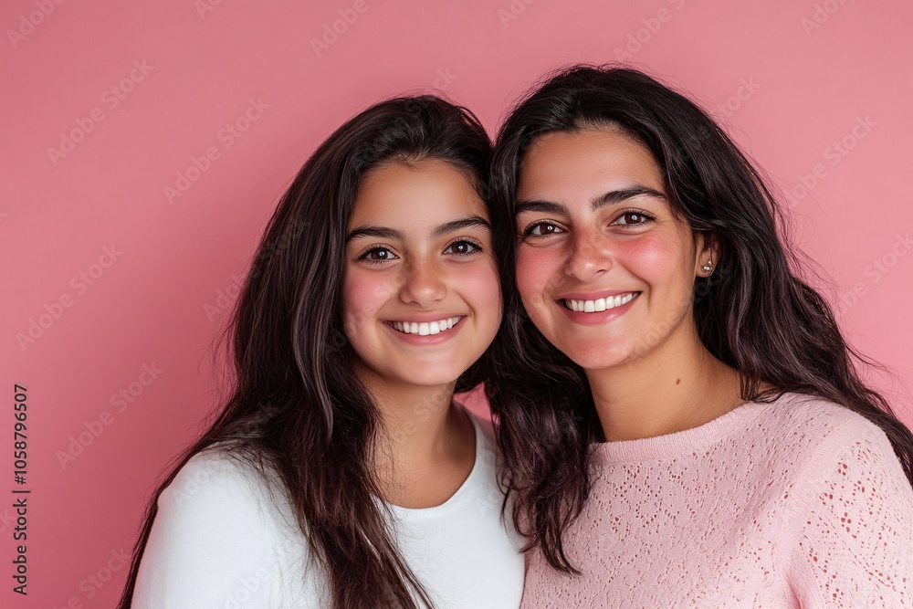 Joyful mother and daughter sharing a smile in front of a soft pink backdrop during a playful moment together Joyful mother and daughter sharing a smile in front of a soft pink backdrop during a playful moment together