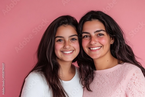 Joyful mother and daughter sharing a smile in front of a soft pink backdrop during a playful moment together