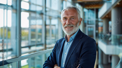 portrait of successful senior businessman consultant looking at camera and smiling inside modern office building