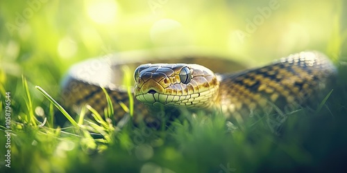 A stunning Eastern Hognose Snake is shown resting gracefully in the lush natural grass, showcasing its beauty in a serene outdoor setting.