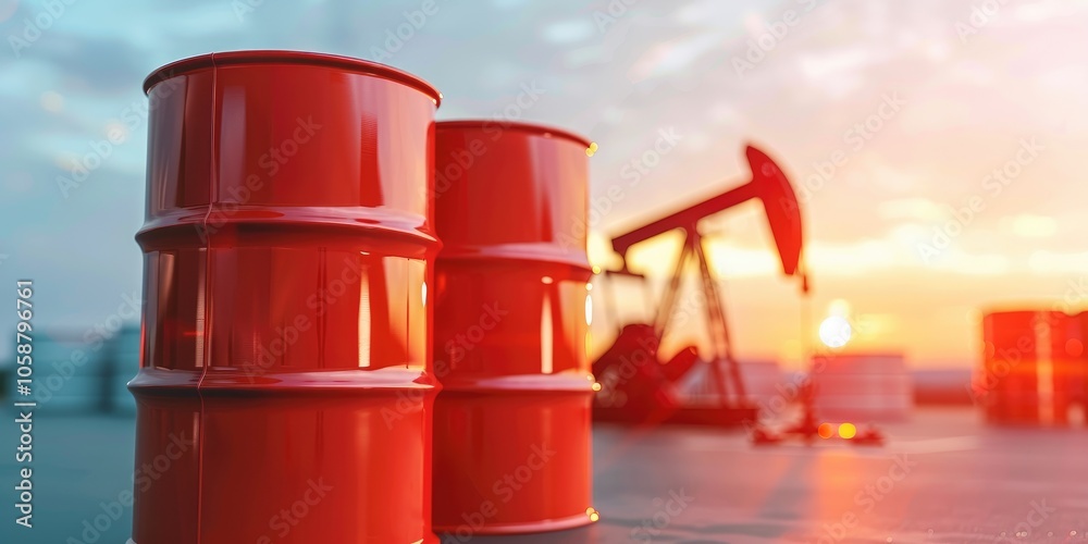 A sunset scene with red oil barrels in the foreground and an oil pumpjack in the background, illustrating oil extraction and energy production. A sunset scene with red oil barrels in the foreground and an oil pumpjack in the background, illustrating oil extraction and energy production.